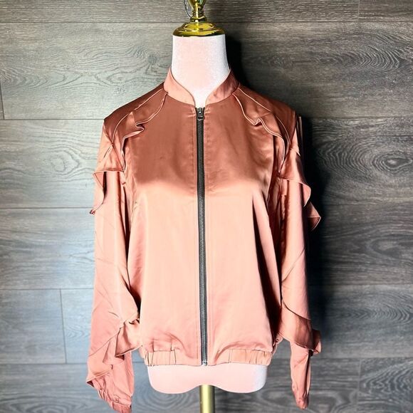 REVOLVE Krisa Ruffle Satin Style Bomber Jacket in Copper. Lined. Size Small. NWT - Picture 3 of 16